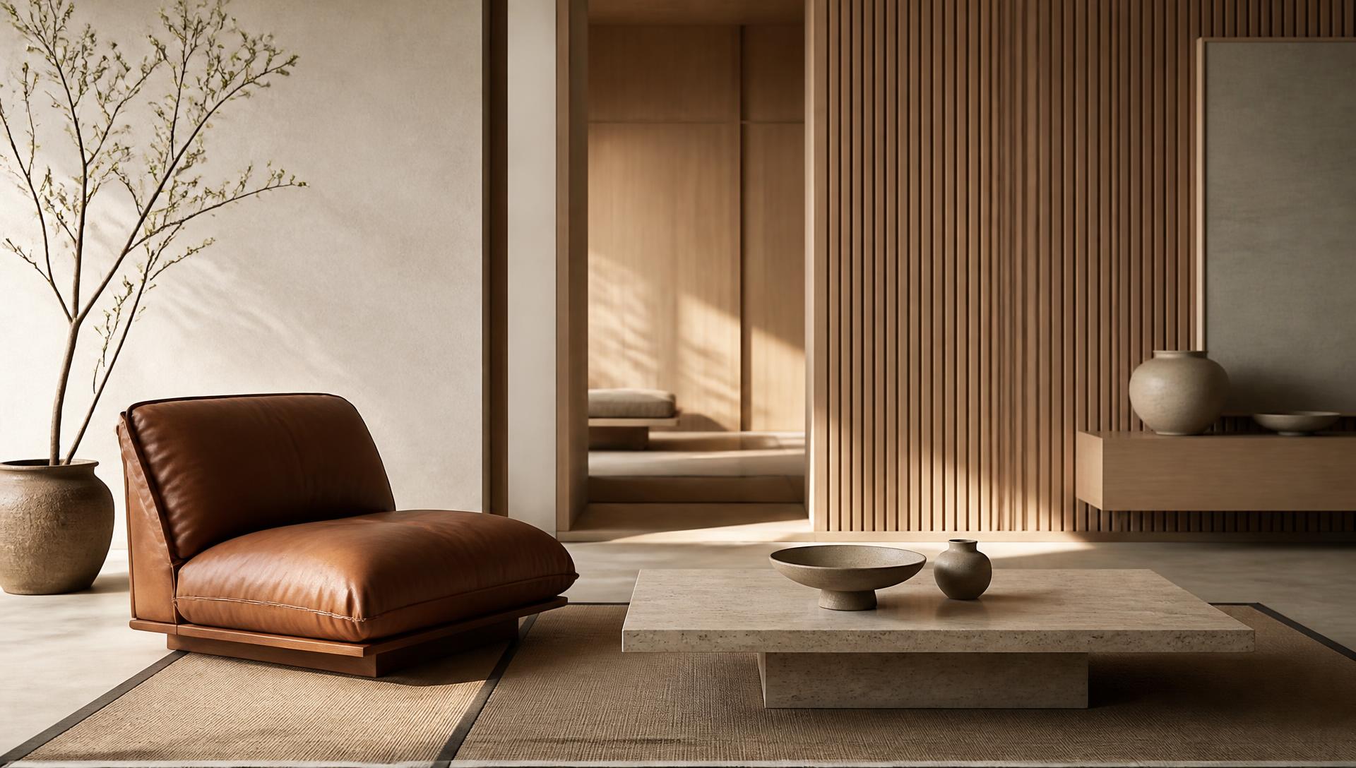 Contemporary Japandi living space with oak slat wall, travertine table and a cognac leather lounge chair