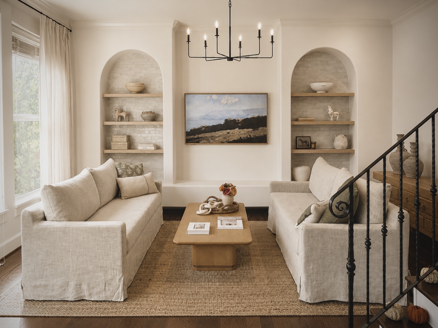 Bellefontaine Project — living room with linen sofas and jute rug