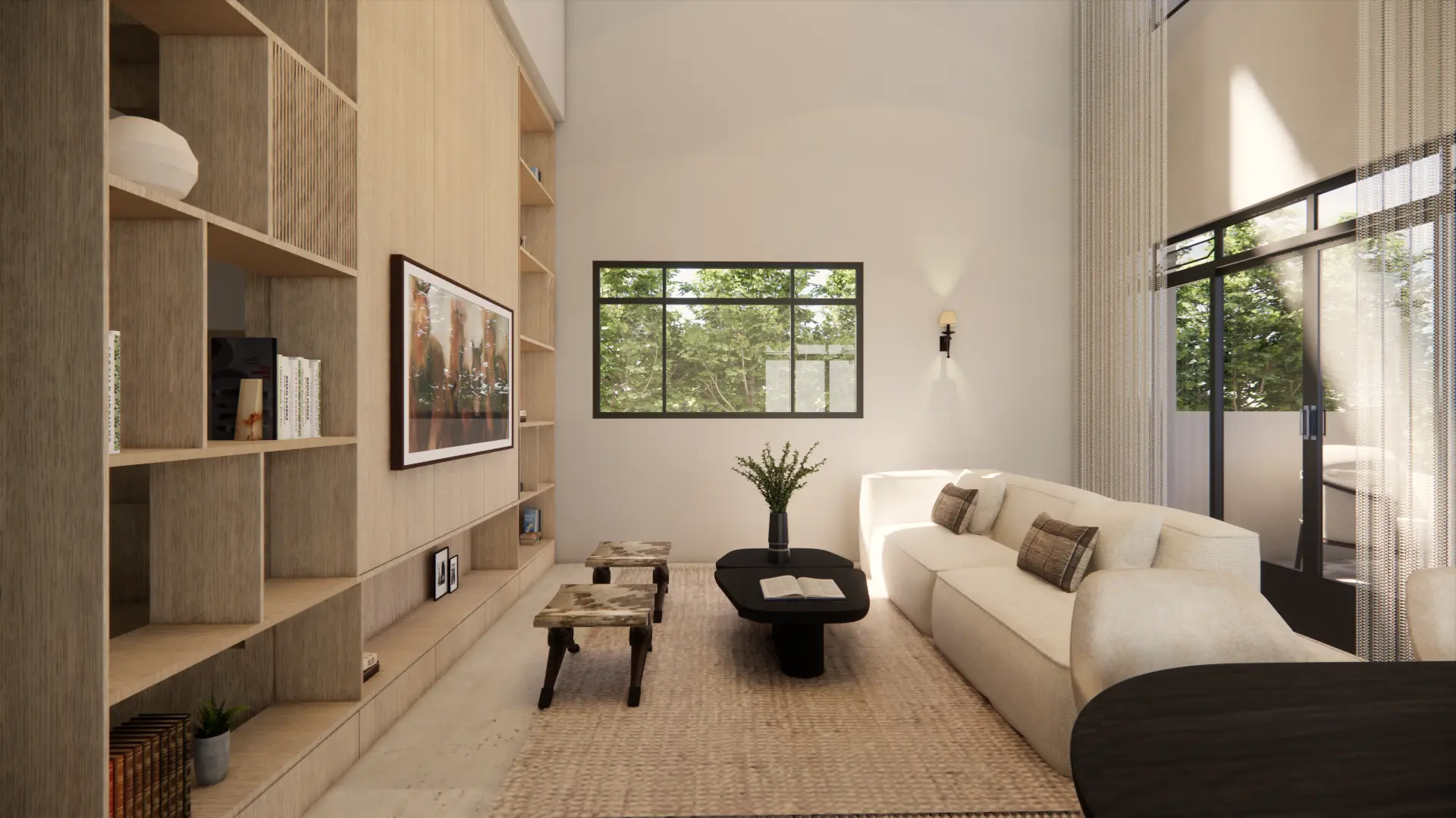Forthcoming project — living room with oak millwork wall