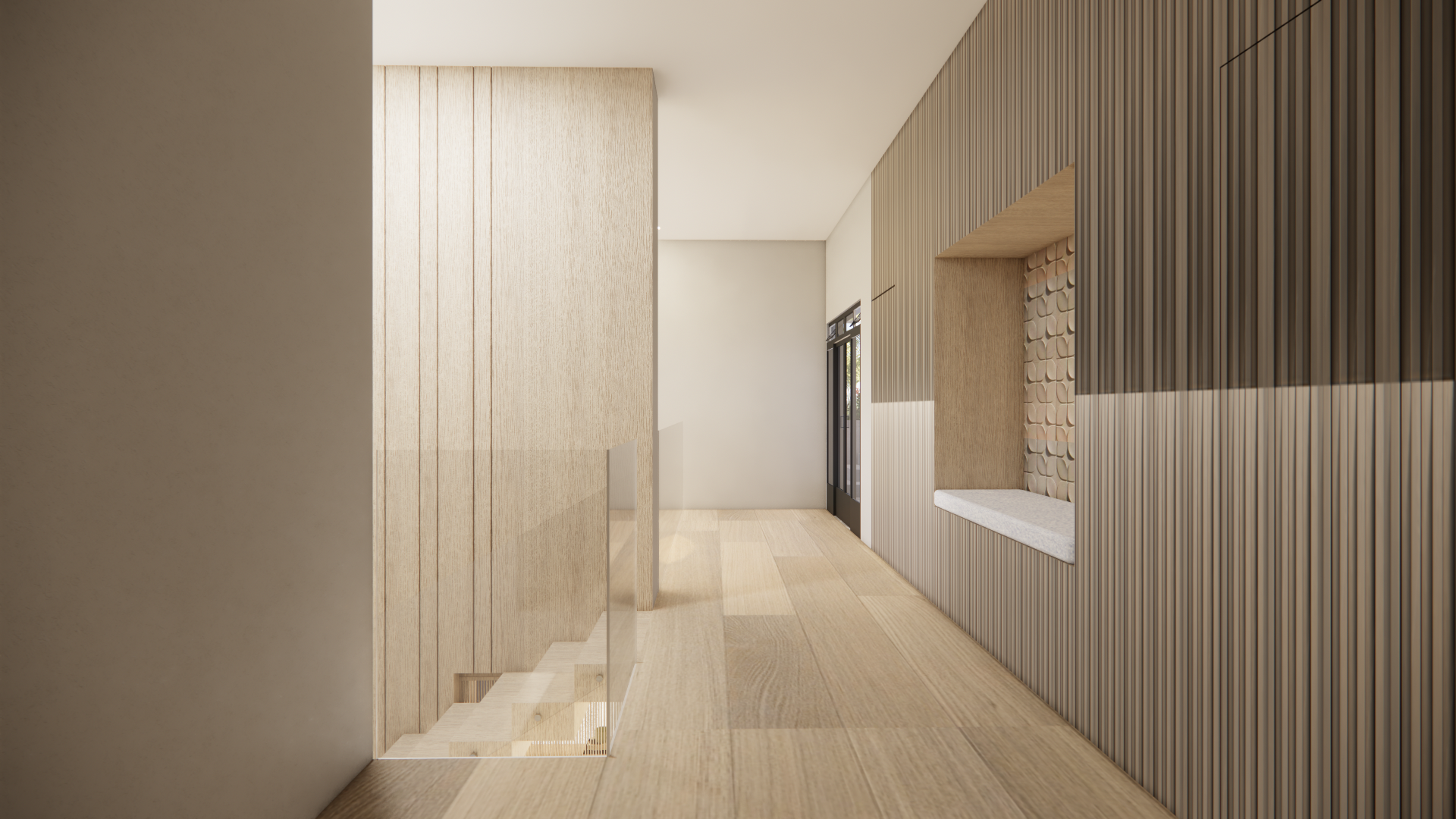 Forthcoming project — oak slatted hallway with window seat