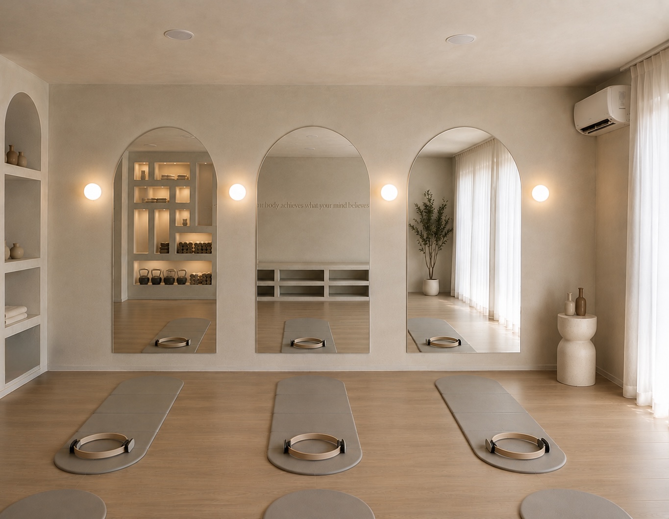 EB Pilates Studio — arched mirror wall with globe sconces