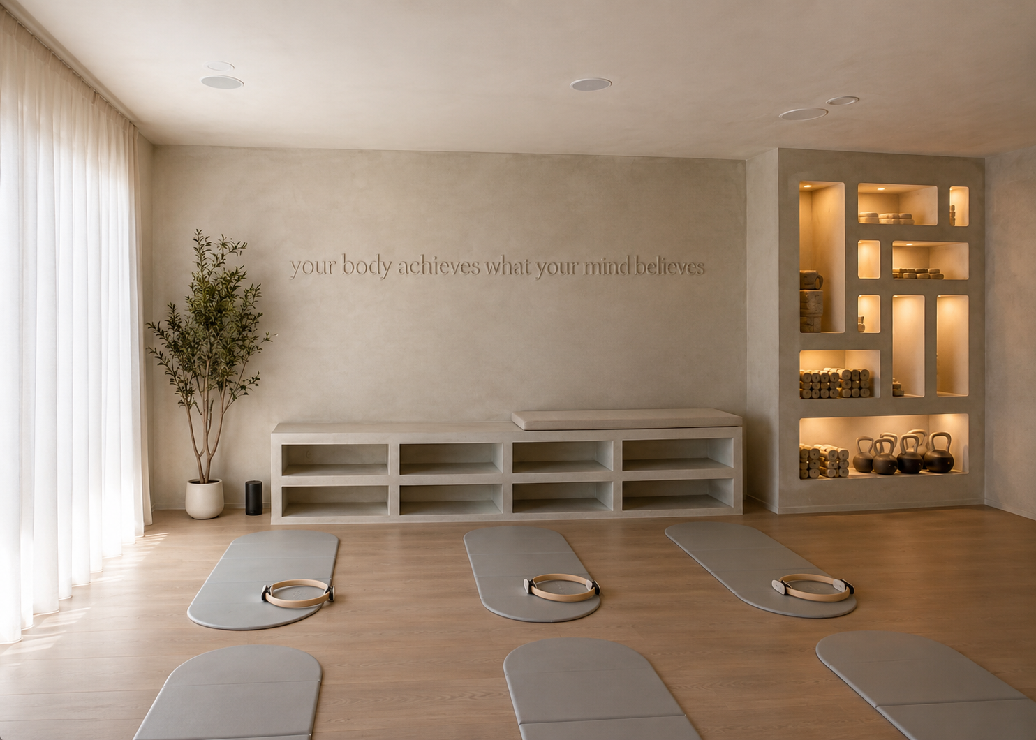 EB Pilates Studio — plaster feature wall with built-in bench and lit niches